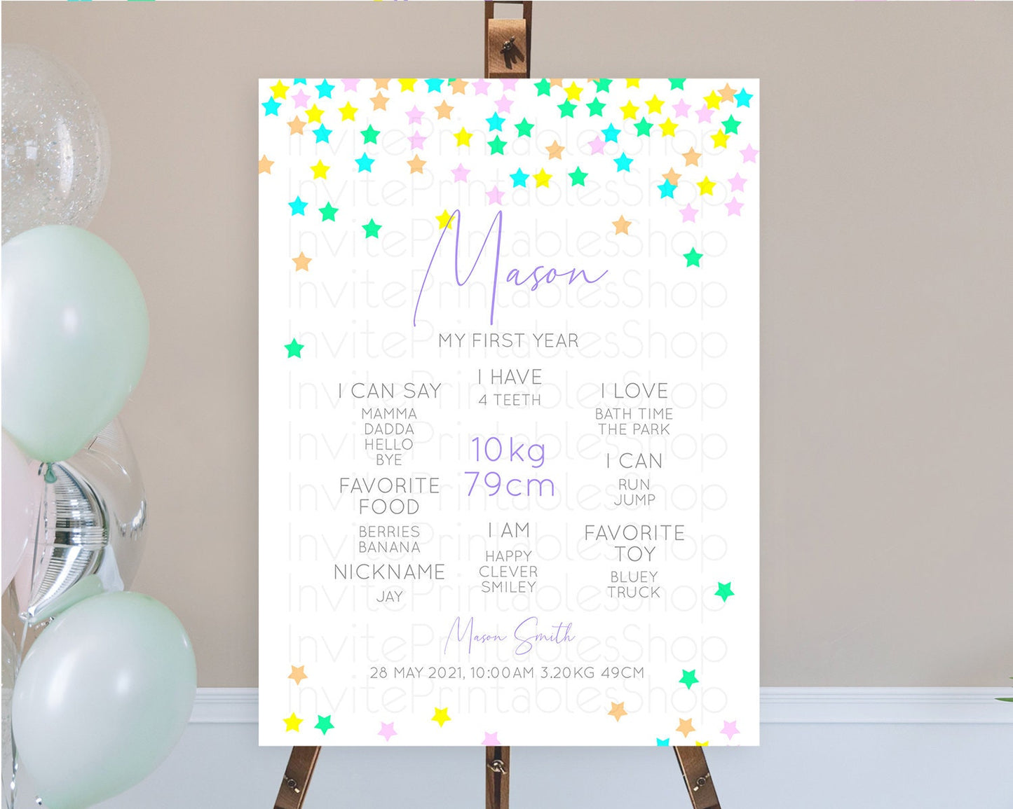 Star First Birthday Milestone Poster Pastel Stars Milestone Shooting Star Rainbow Colorful Confetti Twinkle Little Star 1st Birthday D10394