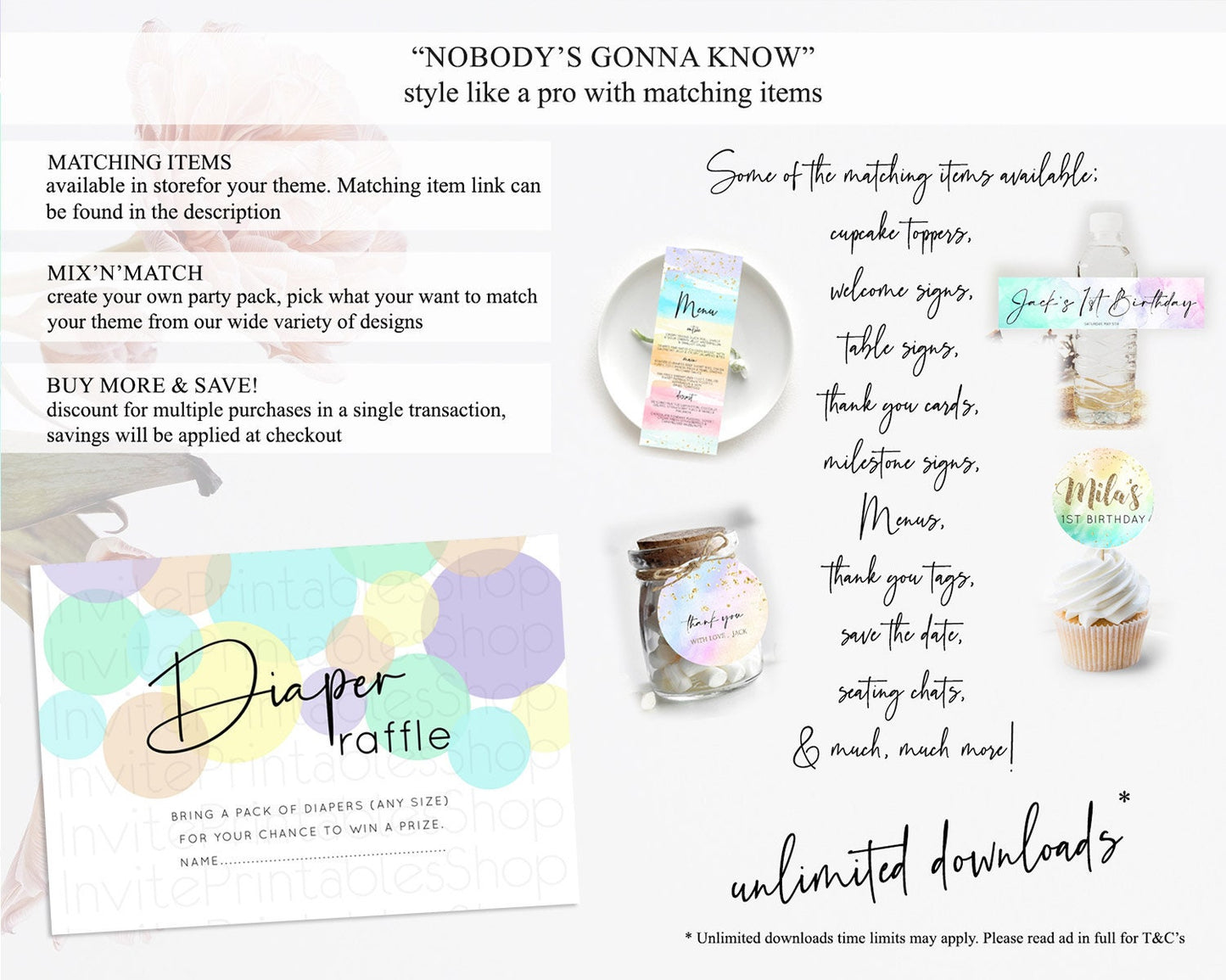 Rainbow Diaper Raffle Card Pastel Sprinkles Diaper Raffle Insert Rainbow Confetti Diaper Ticket Colorful Bubbles Pastel Raffle Game D10412