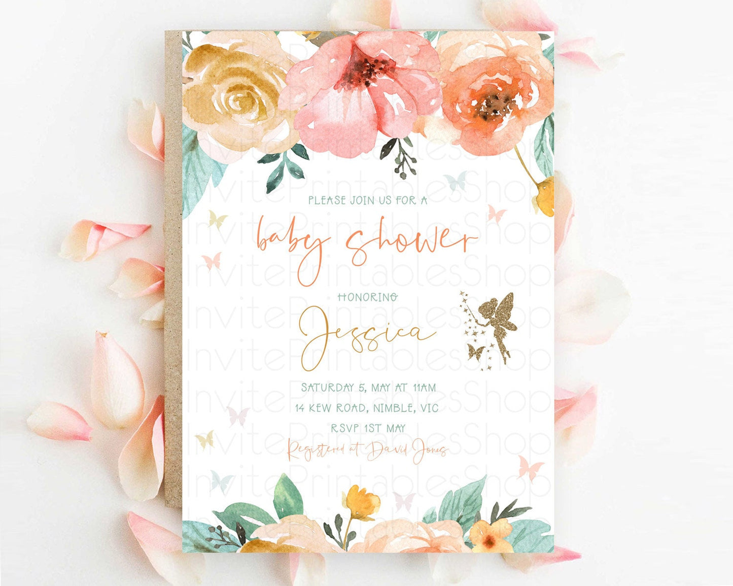 Fairy Baby Shower Invitation Pastel Fairy Invites Fairy Tea Party Fairy Garden Theme Secret Garden Enchanted Garden Floral Butterfly D10346