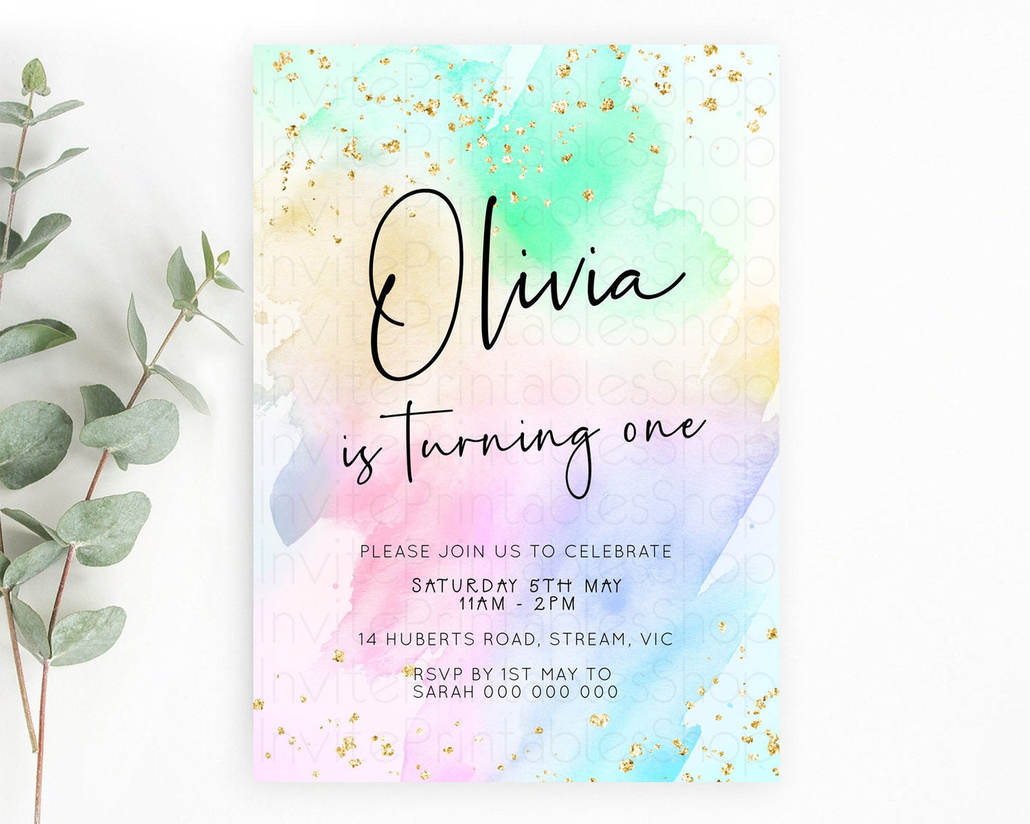 Pastel Birthday Invitation Ombre Watercolor Birthday Invitation Glitter Rainbow Color Splash 1st 2nd 3rd Birthday Invitation D23075