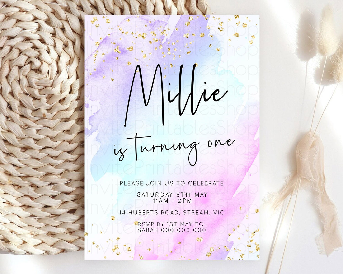 Pastel Birthday Invitation Ombre Watercolor Birthday Invitation Glitter Rainbow Color Splash 1st 2nd 3rd Birthday Invitation D23052