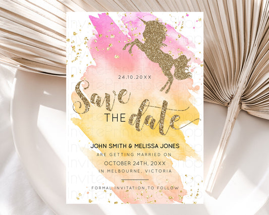 Unicorn Rainbow Save The Date Template Pastel Unicorn Party Magical Pastel Ombre Watercolor Unicorn 1st Birthday Baptism Baby Shower D10528