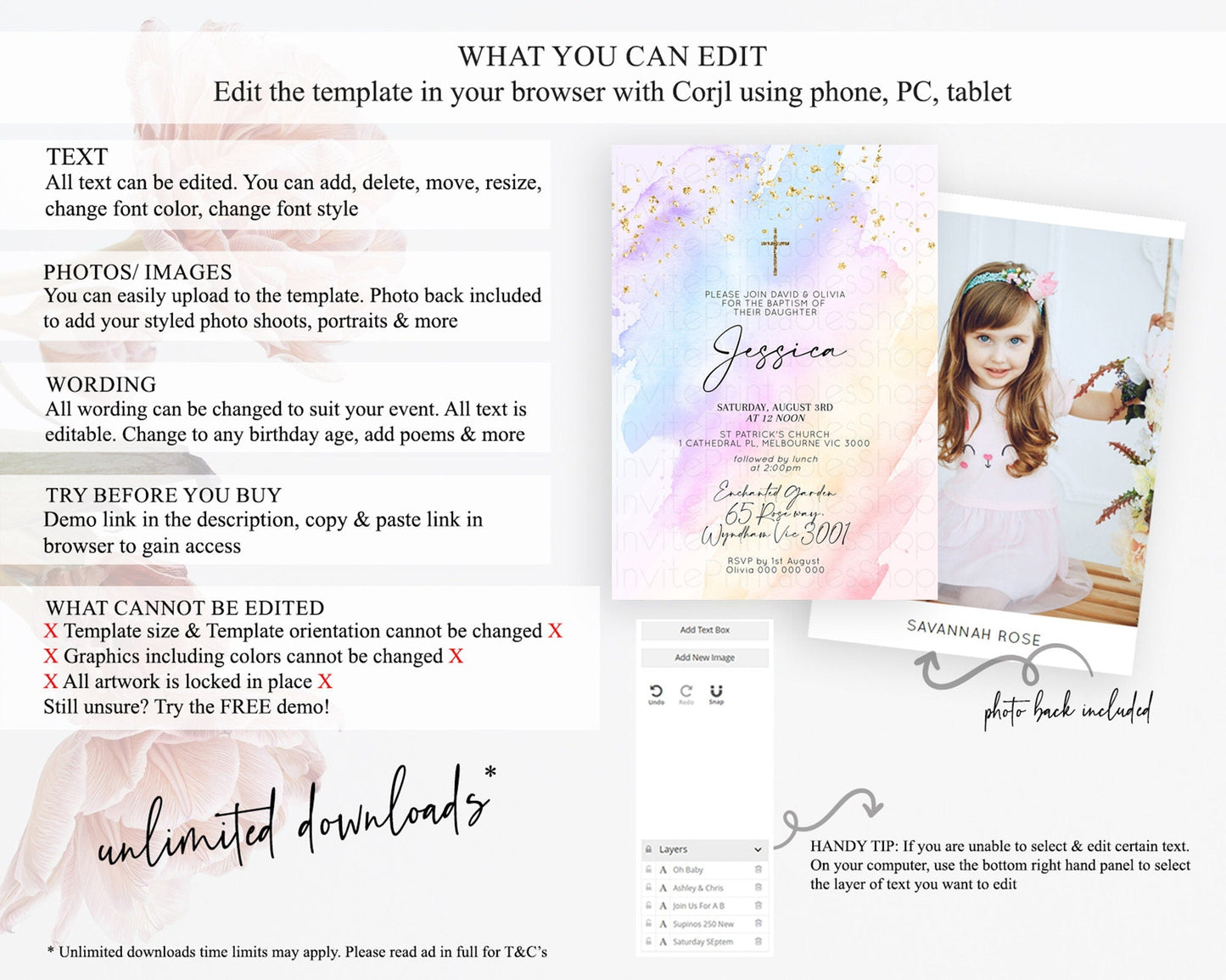 Pastel Baptism Invitation Pastel Colors Watercolor Baptism 1st Birthday Party Gold Ombre Pastel Rainbow Christening Holy Communion D10635