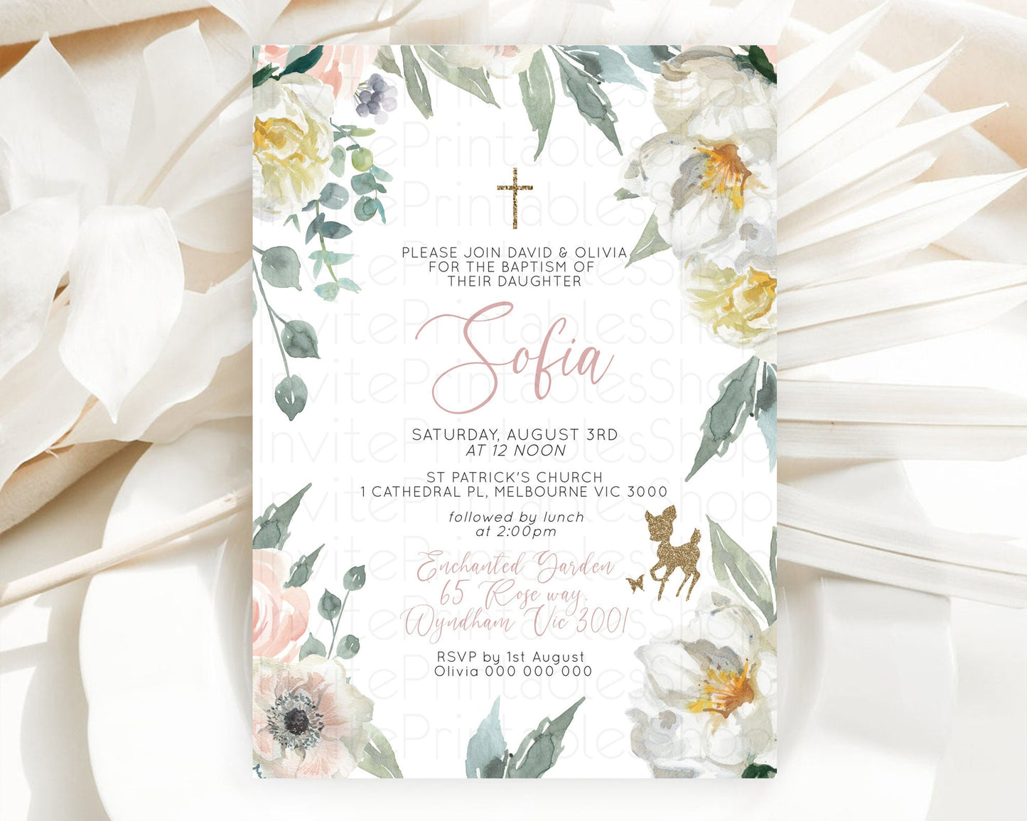 Fawn Baptism Invitation Deer Baptism 1st Birthday Invitation Enchanted Forest Christening Invitation Pastel Garden Butterfly Floral D10120