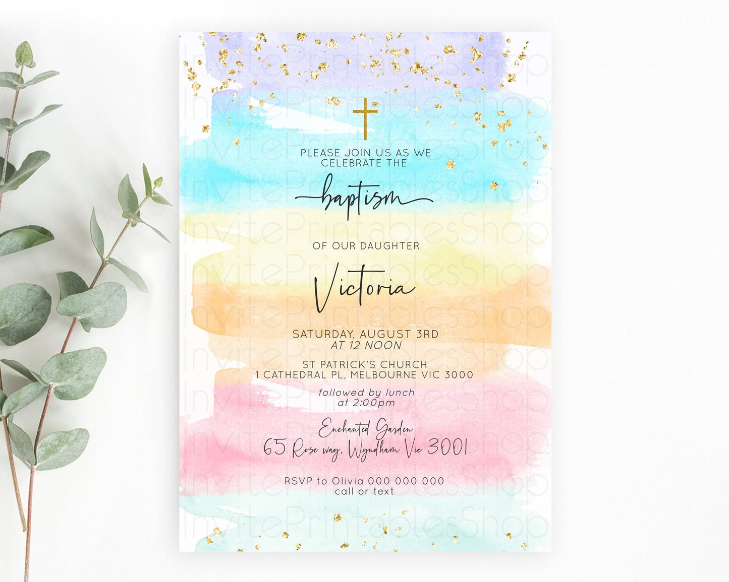 Pastel Baptism Invitation Pastel Colors Watercolor Baptism 1st Birthday Party Gold Ombre Pastel Rainbow Christening Holy Communion D10505