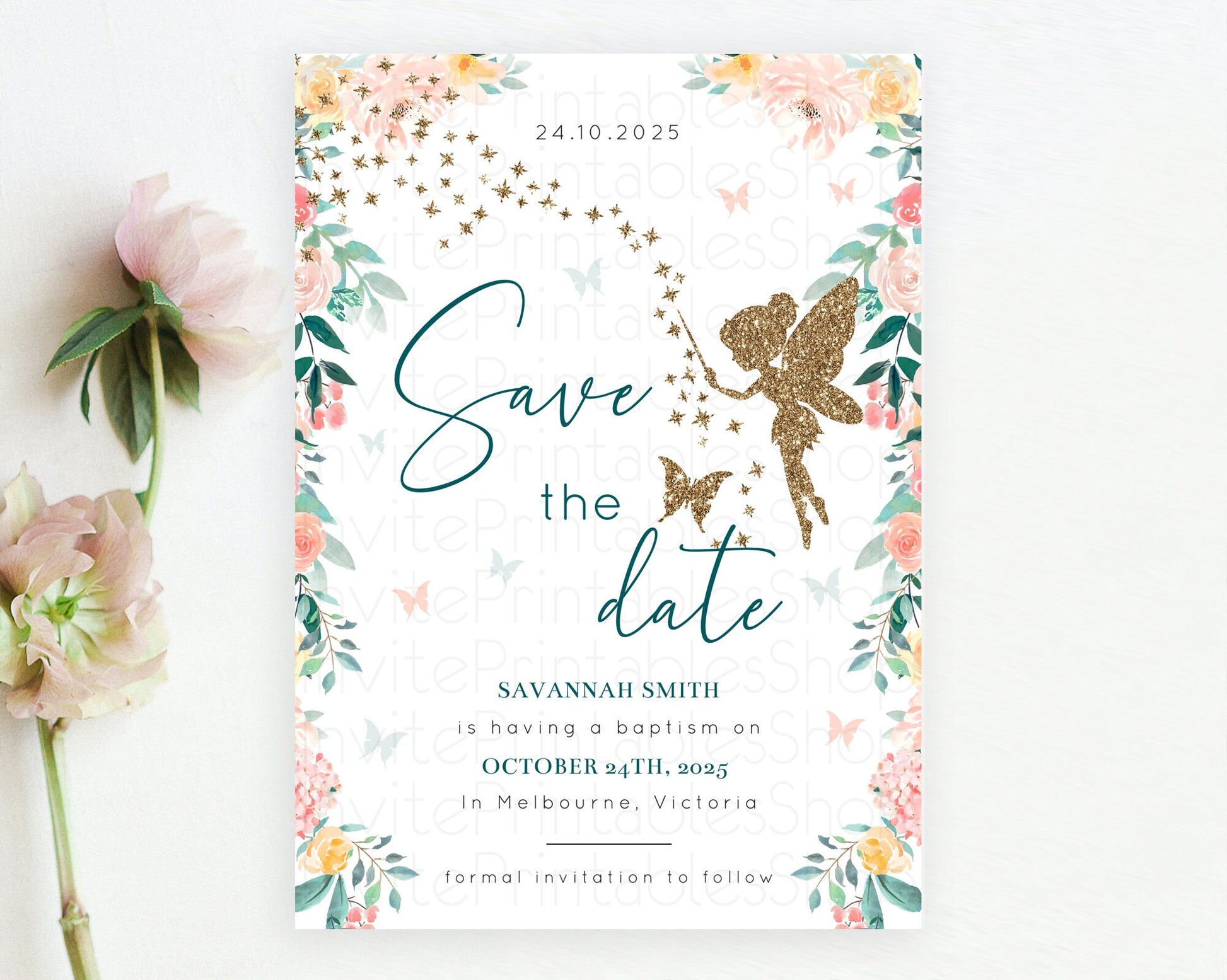 Editable Fairy Save The Date Template Enchanted Garden Pastel Floral Butterf