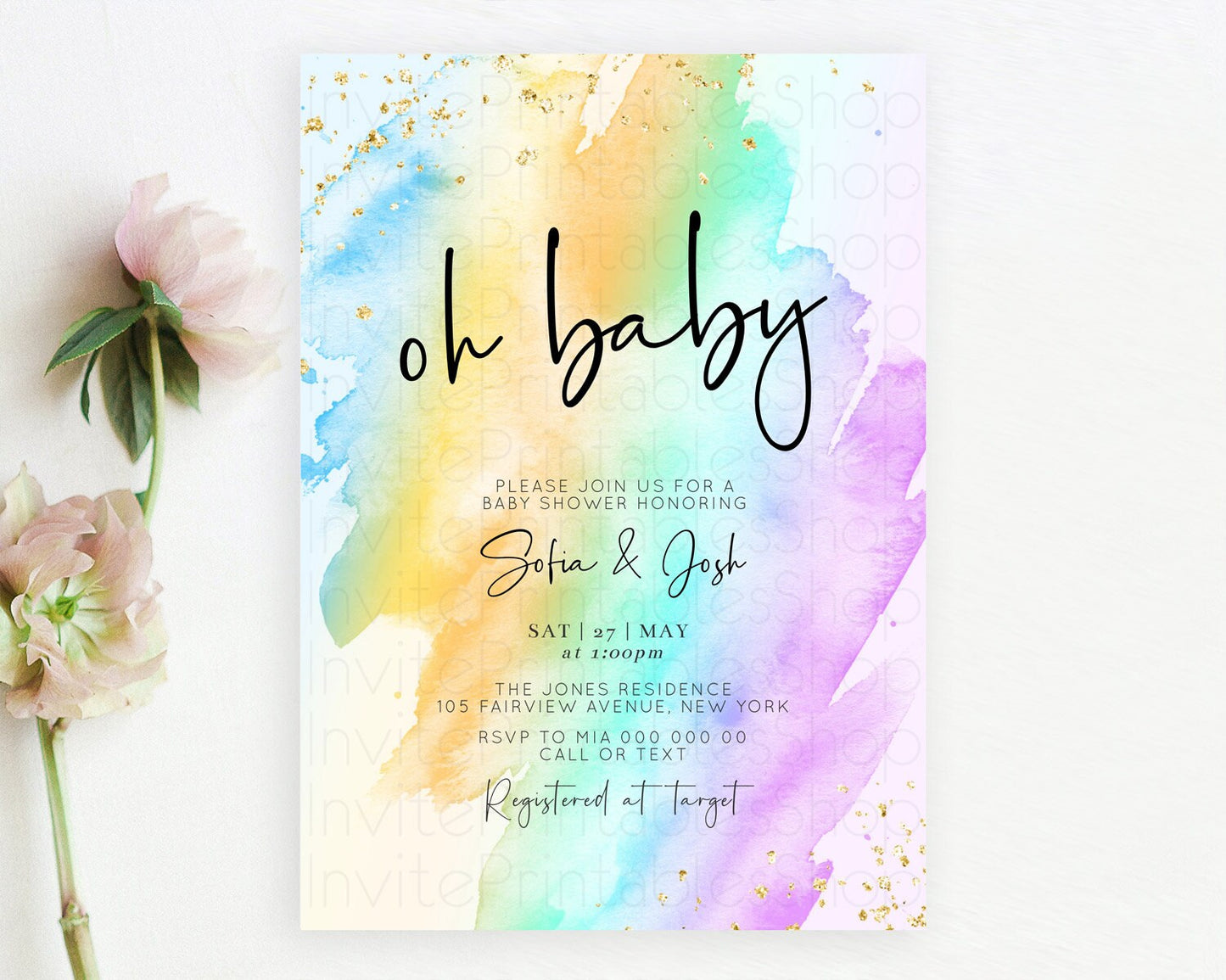 Pastel Baby Shower Invitation Rainbow Baby Shower Invitation Colorful Pastel Watercolor Invitation Gold Glitter Sprinkles Ombre D10427