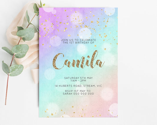 Rainbow Birthday Invitation Pastel Birthday Invite Ombre Watercolor Invite Enchanted Theme Colorful Splash Glitter Sprinkles 1st 2nd 3rd