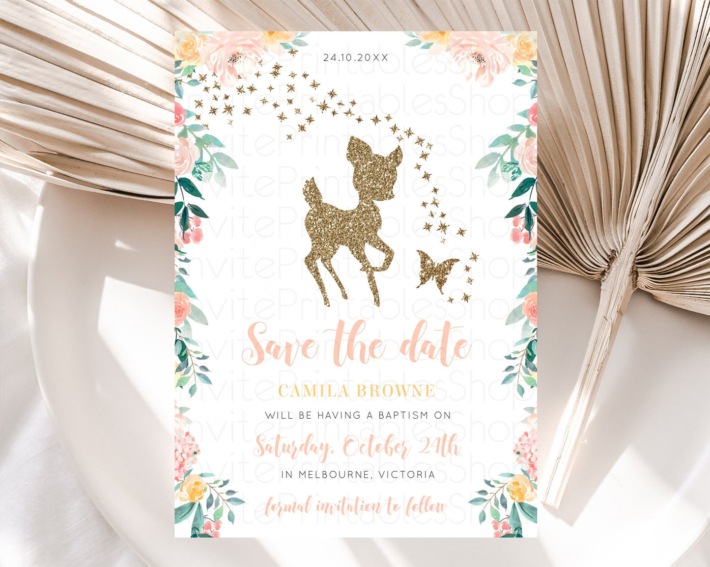 Fawn Deer Save The Date Template Pastel Floral Deer Enchanted Forest Butterfly Party 1st Birthday Baptism Baby Shower Bridal Shower D10874