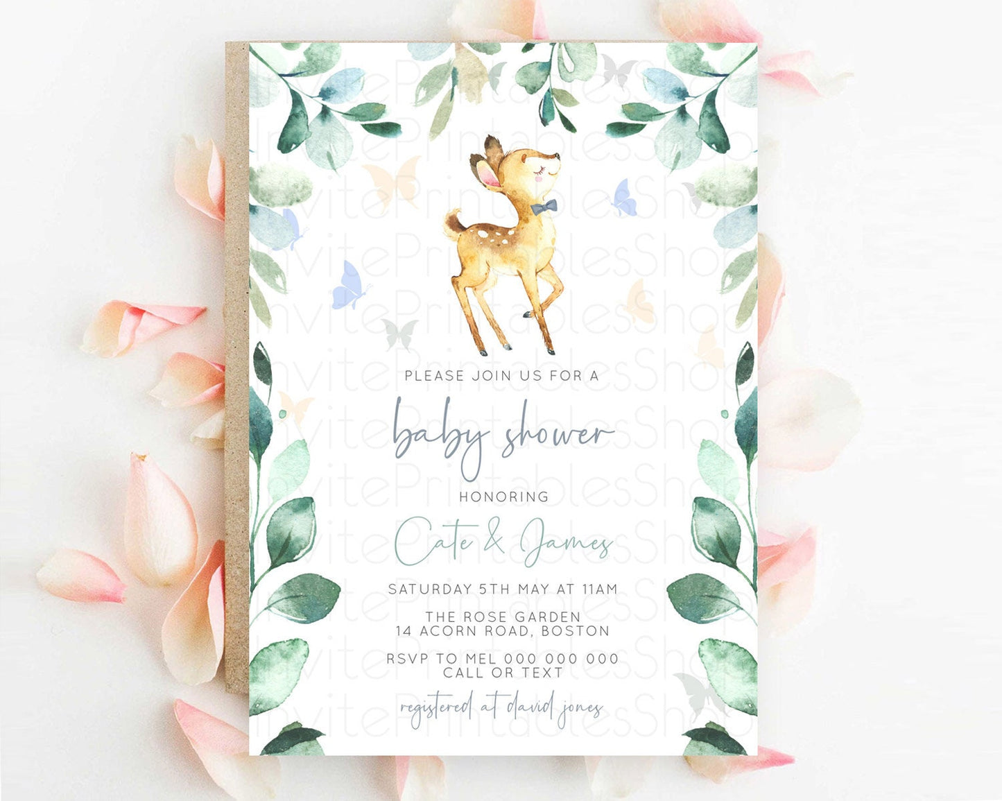 Fawn Baby Shower Invitation Deer Baby Shower Invites Enchanted Forest Theme Butterfly Pastel Flowers Whimsical Baby Shower D10767