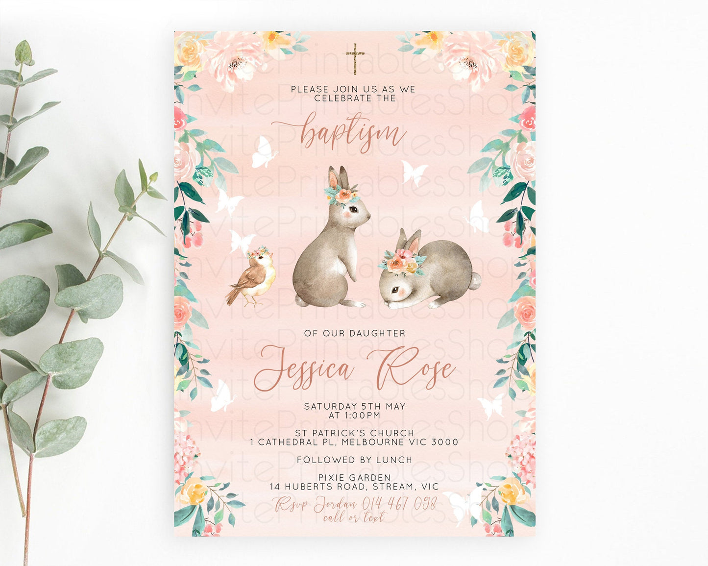 Bunny Baptism Invitation Floral Bunny Baptism 1st Birthday Invitation Pastel Bunny Christening Invite Watercolor Forest Bunny Party  D10922