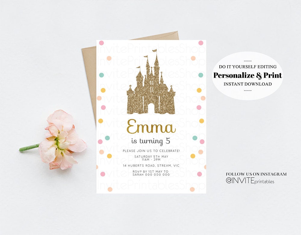 Princess Birthday Invitation Royal Castle Gold Glitter Foil Rainbow Pastel Stars Confetti Sprinkles Fairy Dust Colorful Cursive 303