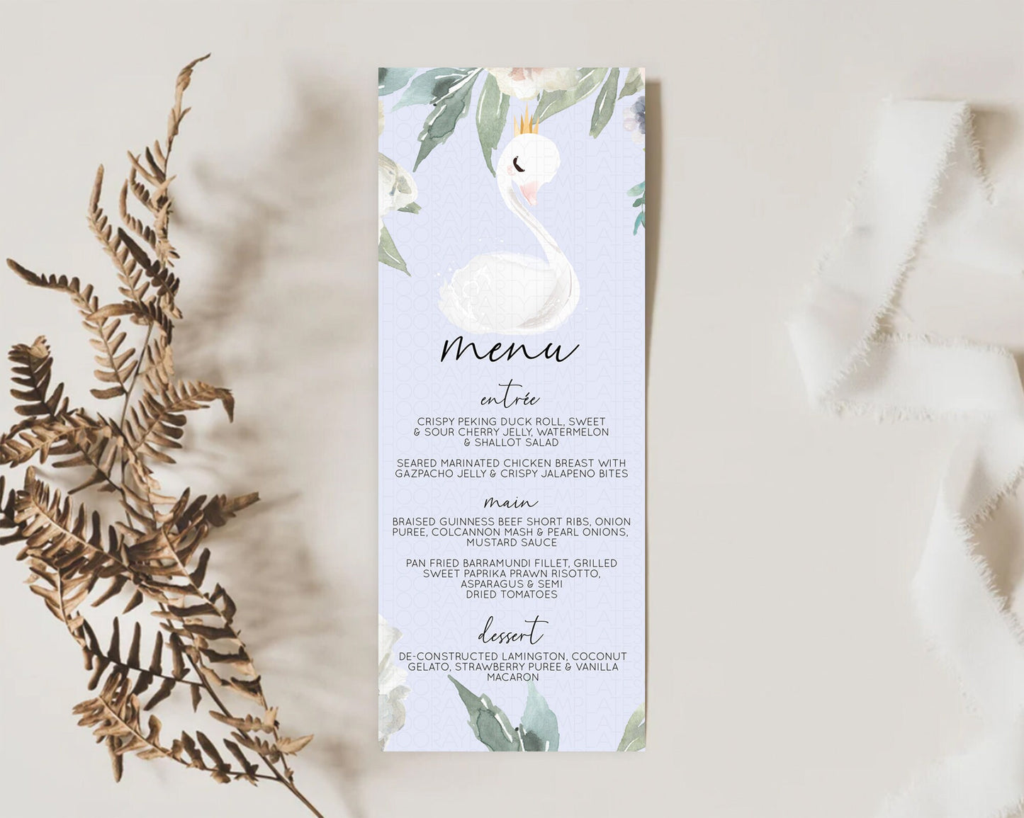 Swan Menu Swan Princess Ballet Menu Template Enchanted Swan Lake Table Decor Secret Garden Pastel Floral Dinner Dessert Food Menu  D10756