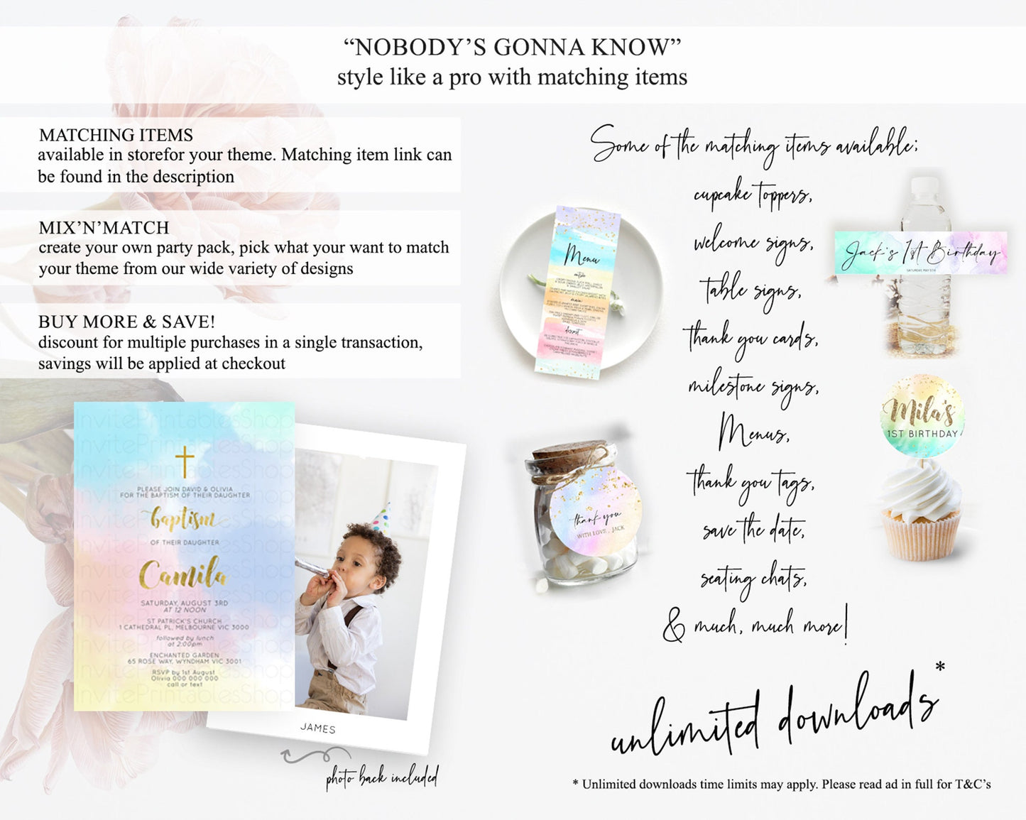 Pastel Baptism Invitation Pastel Colors Watercolor Baptism 1st Birthday Party Gold Ombre Pastel Rainbow Christening Holy Communion D10892