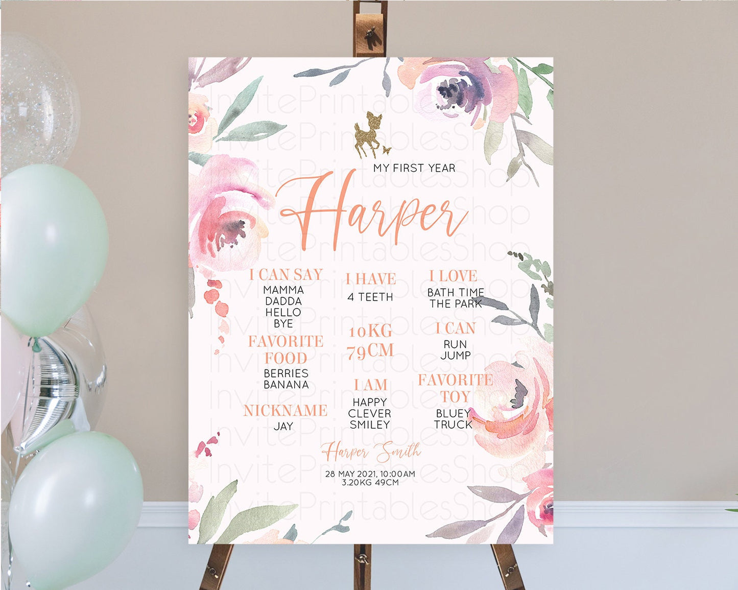 Fawn First Birthday Milestone Board Deer First Birthday Milestone Poster Enchanted Forest Butterfly Pastel Flowers 1st Birthday Sign D10196