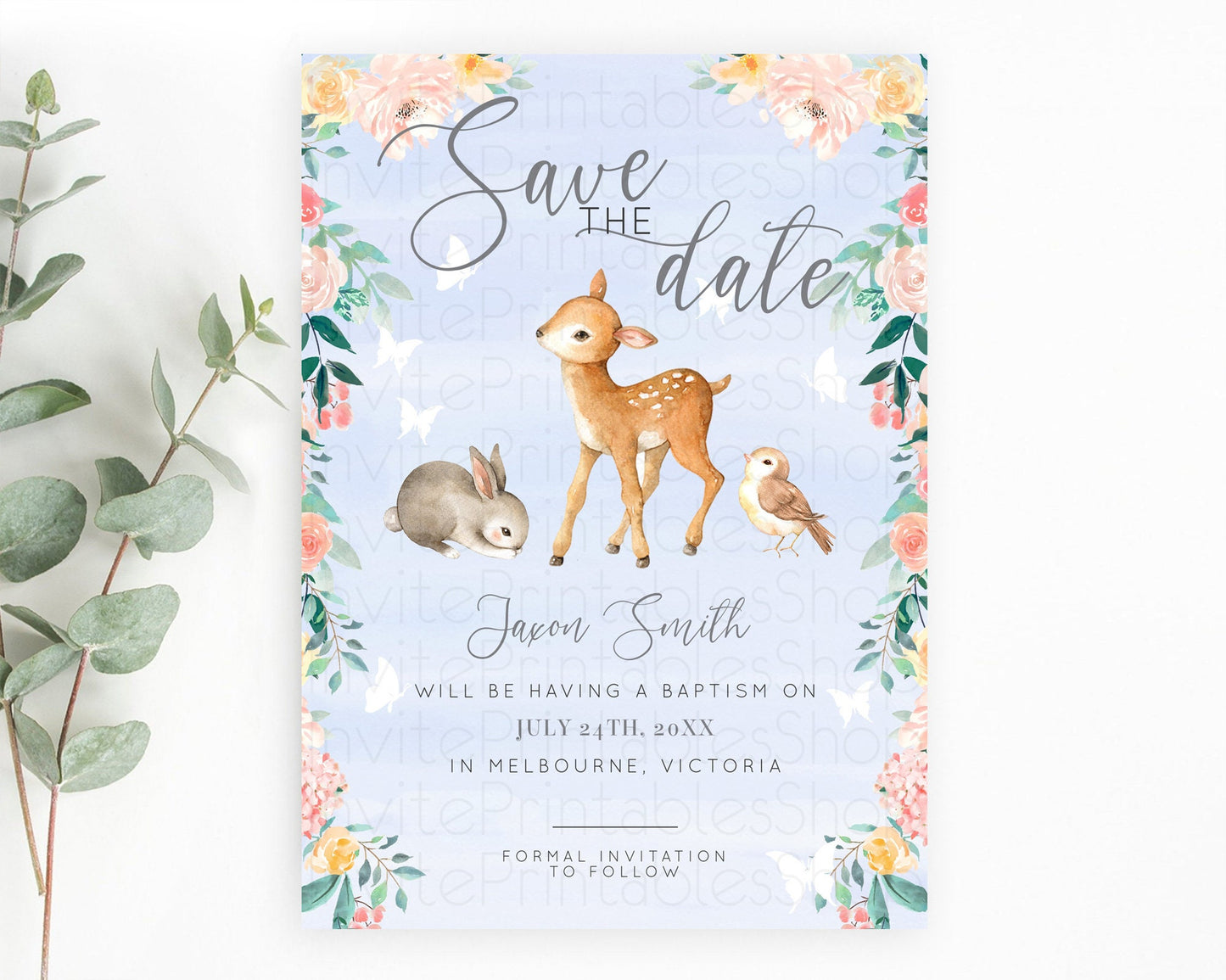 Fawn Deer Save The Date Template Pastel Floral Deer Enchanted Forest Butterfly Party 1st Birthday Baptism Baby Shower Bridal Shower D10920