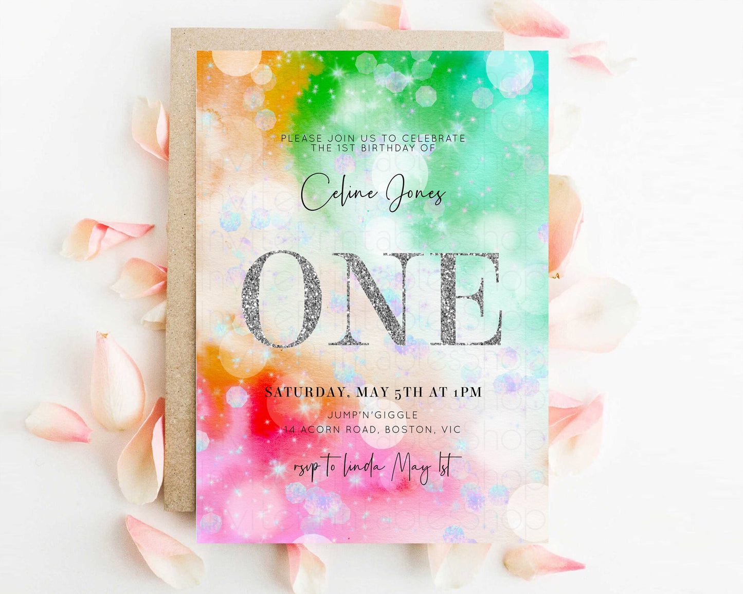 Rainbow Birthday Invitation Pastel Birthday Invite Ombre Watercolor Invite Enchanted Theme Colorful Splash Glitter Sprinkles 1st 2nd 3rd