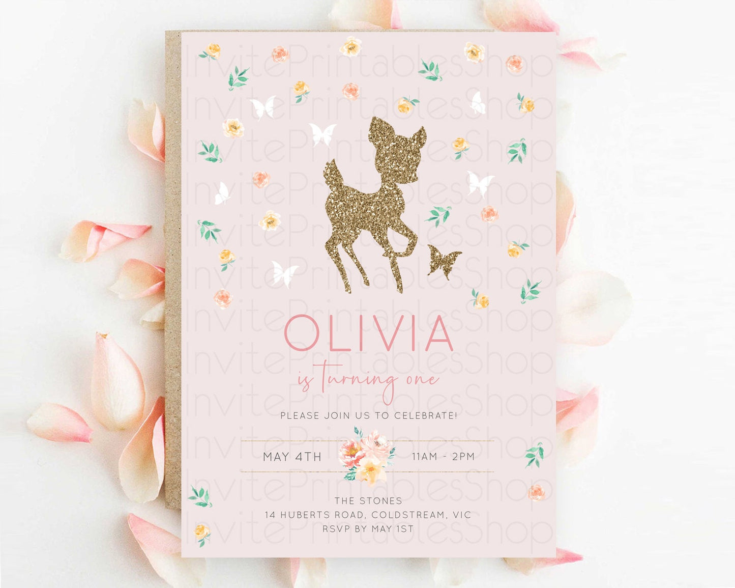 Fawn Birthday Invitation Deer Birthday Invitation Enchanted Forest Party Butterfly Pastel Flowers Whimsical 2nd 1st First Birthday D10386