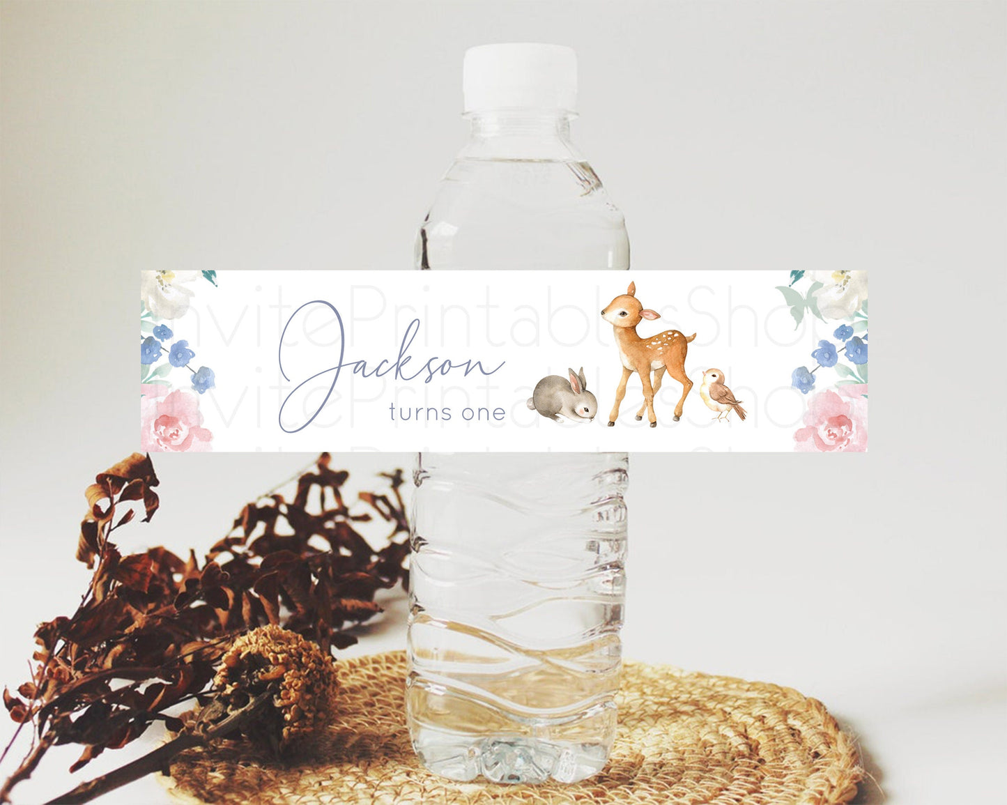 Fawn Deer Water Label Template Pastel Floral Deer Enchanted Forest Butterfly Party Decor Birthday Baptism Baby Shower Bridal Shower D10930