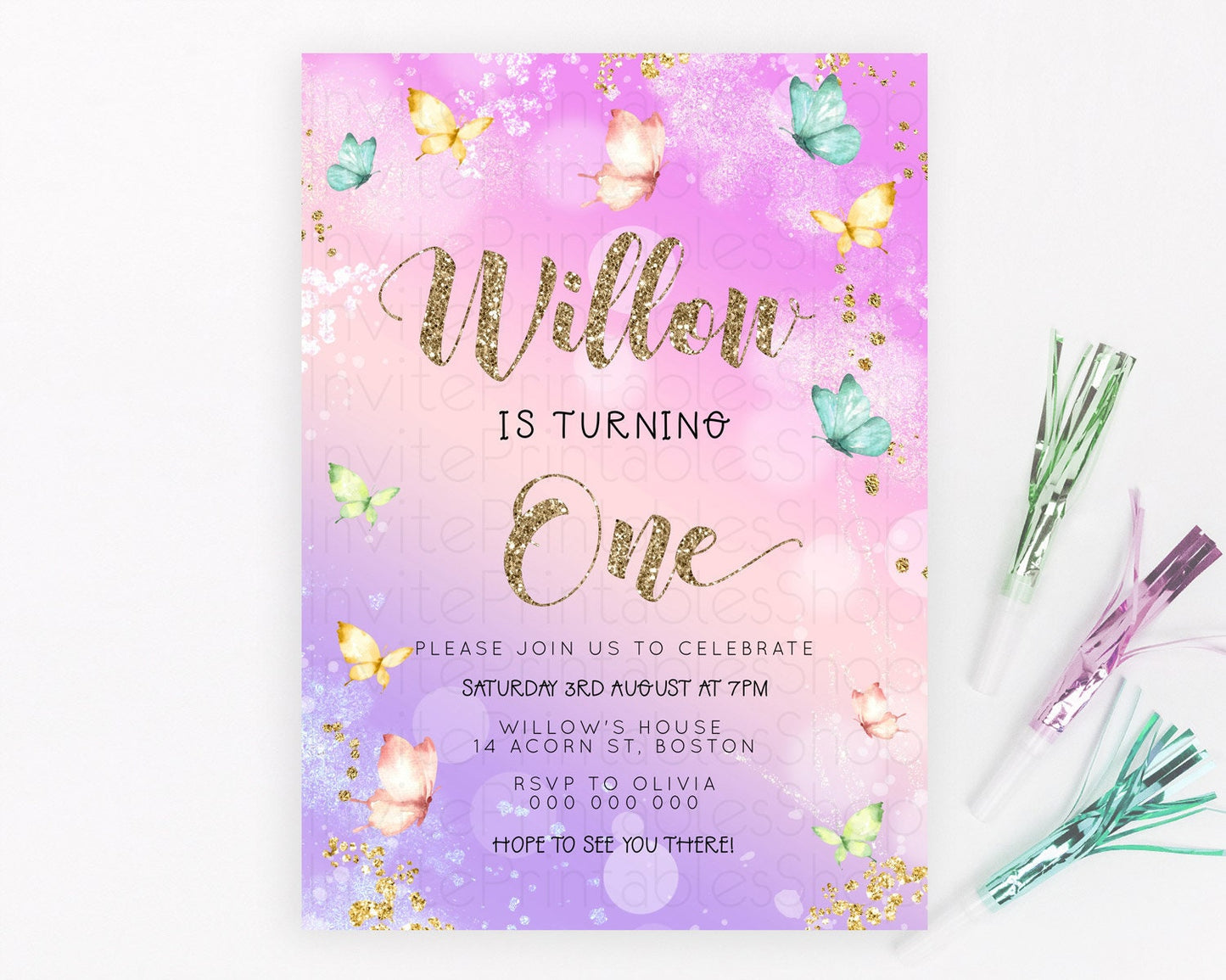 Pastel Butterfly Birthday Invitation Butterfly Birthday Invitation Colorful Splash Glitter Butterfly Garden 1st 2nd Birthday D23092