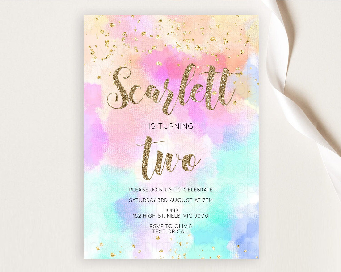 Rainbow Birthday Invitation Colorful Pastel Watercolor Invitation Gold Glitter Sprinkles Ombre Pastel 1st 2nd 3rd Birthday D10669