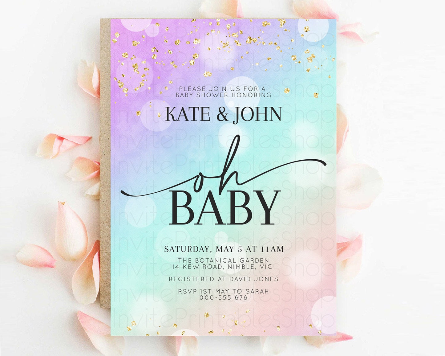 Pastel Baby Shower Invitation Rainbow Baby Shower Invitation Colorful Pastel Watercolor Invitation Gold Glitter Sprinkles Ombre D10618