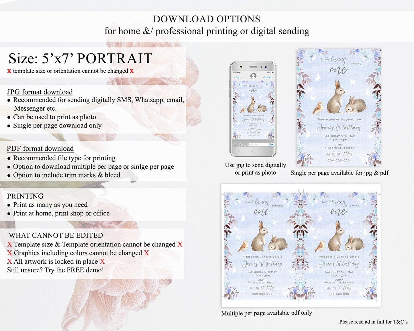Bunny Birthday Invitation Floral Bunny Invitation Pastel Bunny Invites Pastel Watercolor Woodland Bunny Party 2nd 1st First Birthday D10923