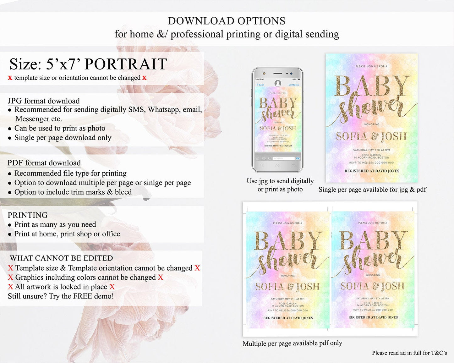 Pastel Rainbow Baby Shower Invitation, Colorful Watercolor, Gold Glitter Sprinkles - Teal, Pink, Purple, Orange, Yellow, Green Ombre D10648