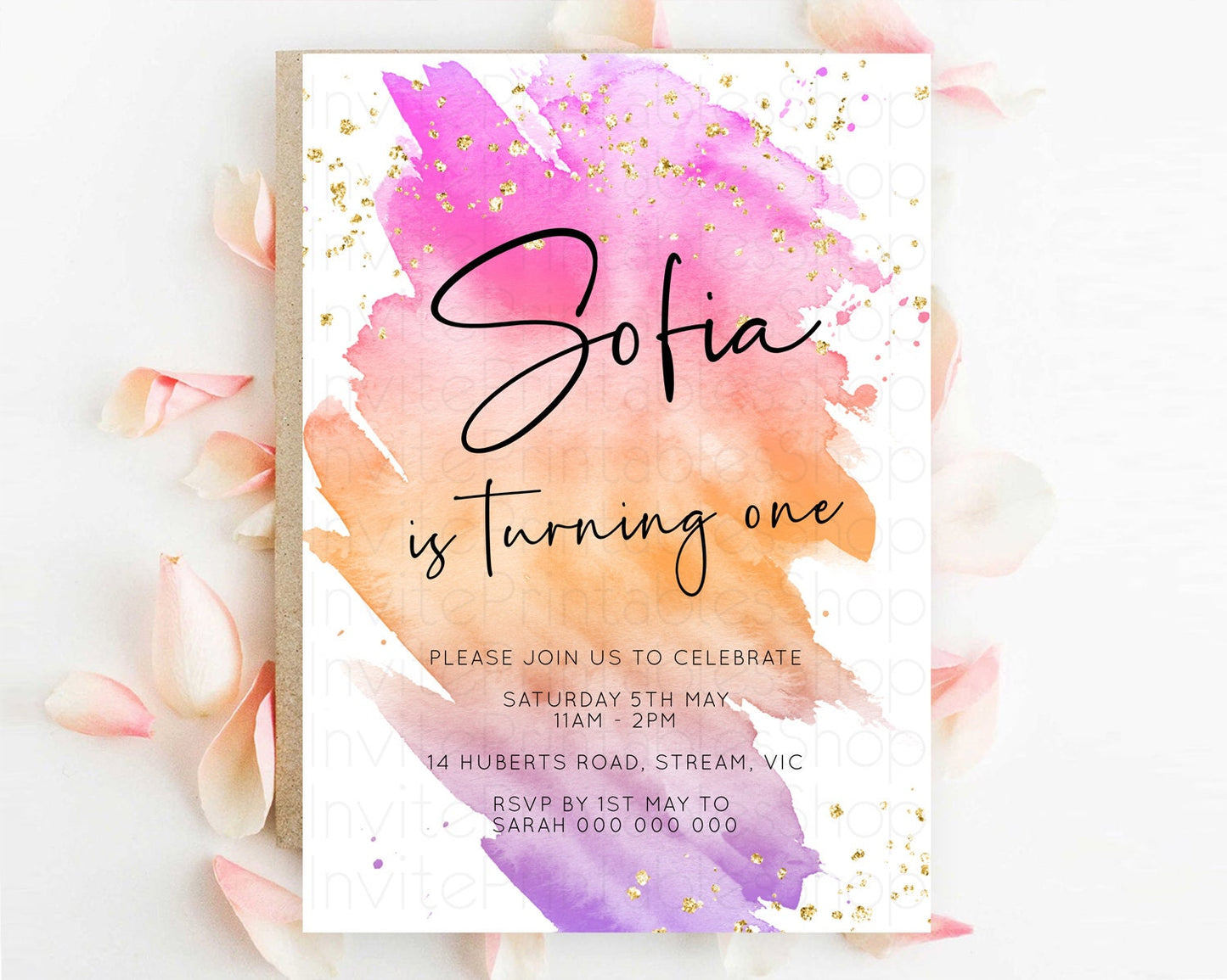 Rainbow Birthday Invitation Colorful Pastel Watercolor Invitation Gold Glitter Sprinkles Ombre Pastel 1st 2nd 3rd Birthday D10488