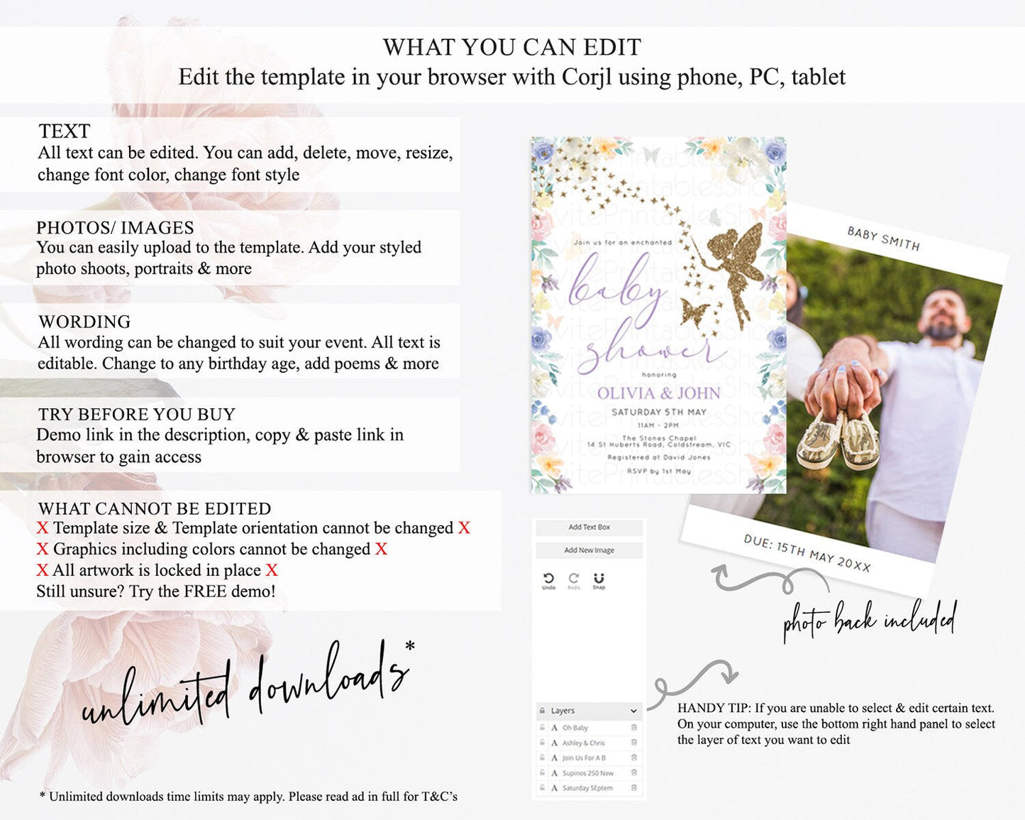 Fairy Baby Shower Invitation Pastel Fairy Invites Fairy Tea Party Fairy Garden Theme Secret Garden Enchanted Garden Floral Butterfly D10761