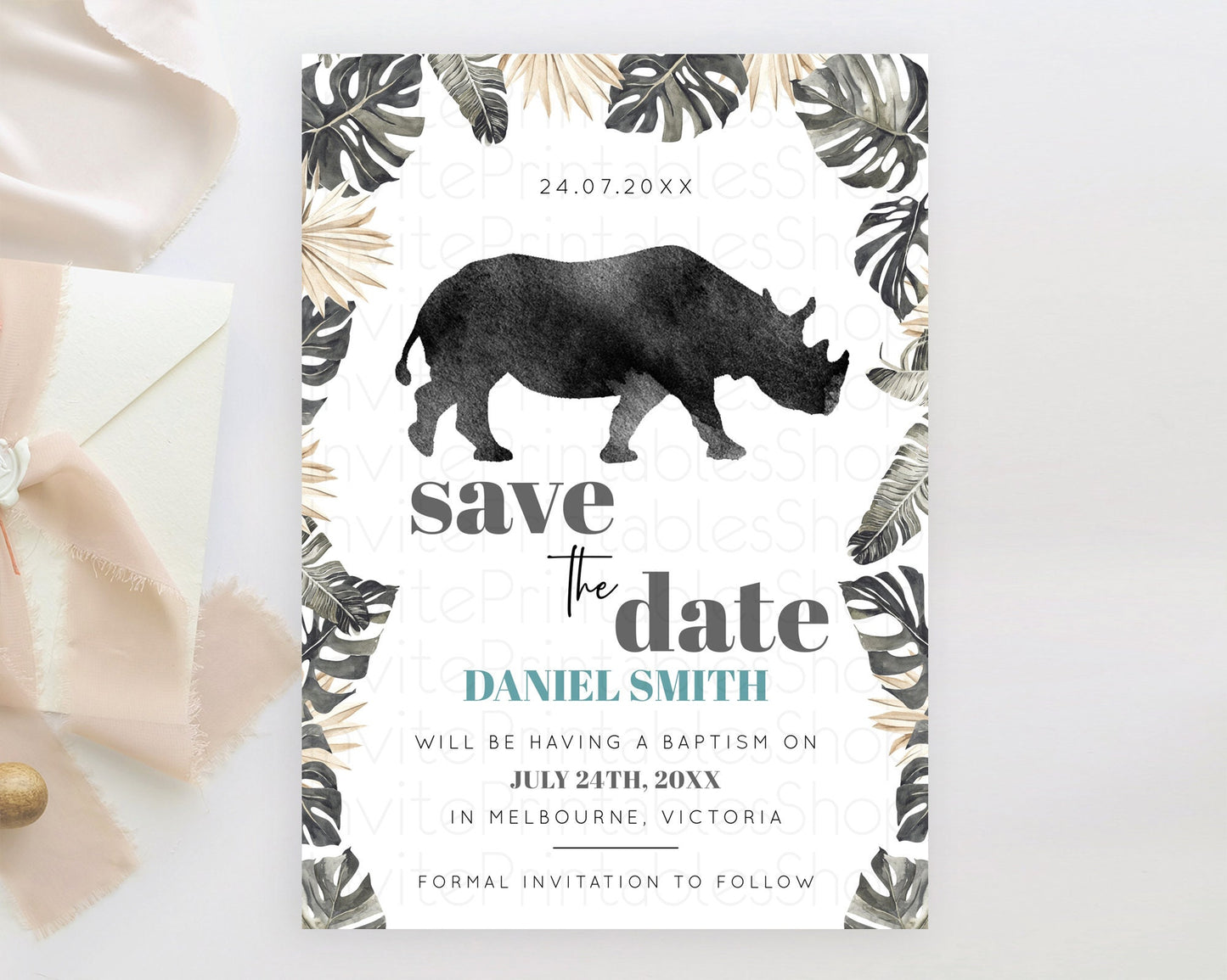 Rhino Save The Date Template Rhino Party Save The Date Safari Adventure Rhino Minimal Theme For 1st Birthday Baptism Baby Shower D10805