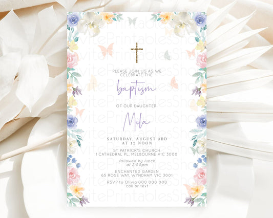 Editable Secret Garden Baptism Invitation Wildflower Baptism Birthday Invite