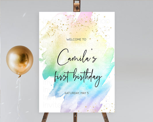 Pastel Welcome Sign Pastel Rainbow Welcome Sign Colorful Rainbow Confetti Watercolor Glitter Pastel First Birthday Welcome Sign D10256