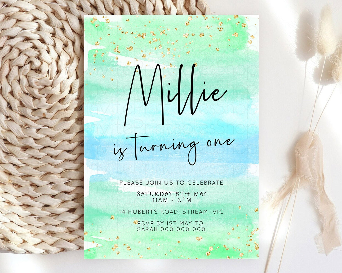 Green Birthday Invitation green Watercolor Invitation Pastel green Watercolor Invitation green Splash Gold Invitation First Birthday D23045