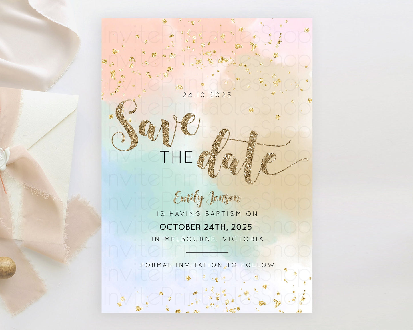 Pastel Save The Date Template Pastel Ombre Rainbow Watercolor Colorful Party For Birthday Baptism Baby Shower Wedding Bridal Shower D10377