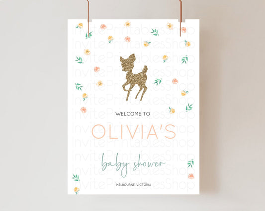 Fawn Baby Shower Welcome Sign Deer Welcome Board Floral Deer Welcome Poster Enchanted Forest Butterfly Pastel Floral Welcome Sign D10355