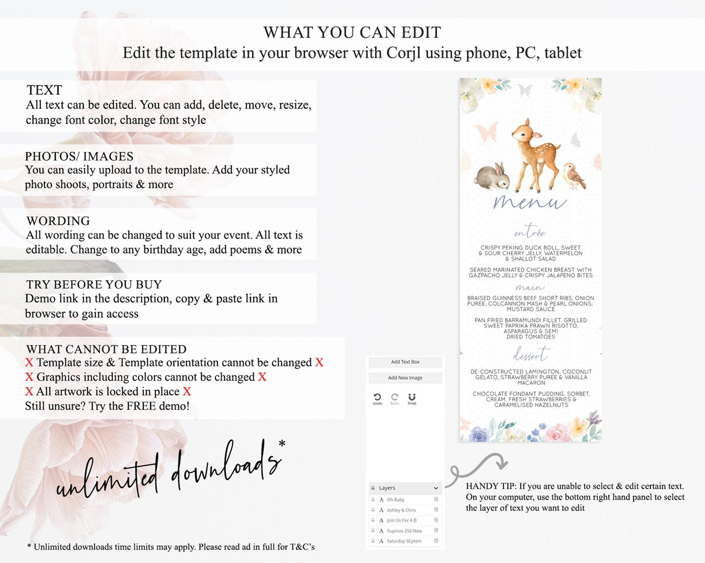 Fawn Menu Deer Menu Template Pastel Floral Deer Table Decor Enchanted Forest Butterfly Floral Dinner Dessert Menu Party Food Menu D10930