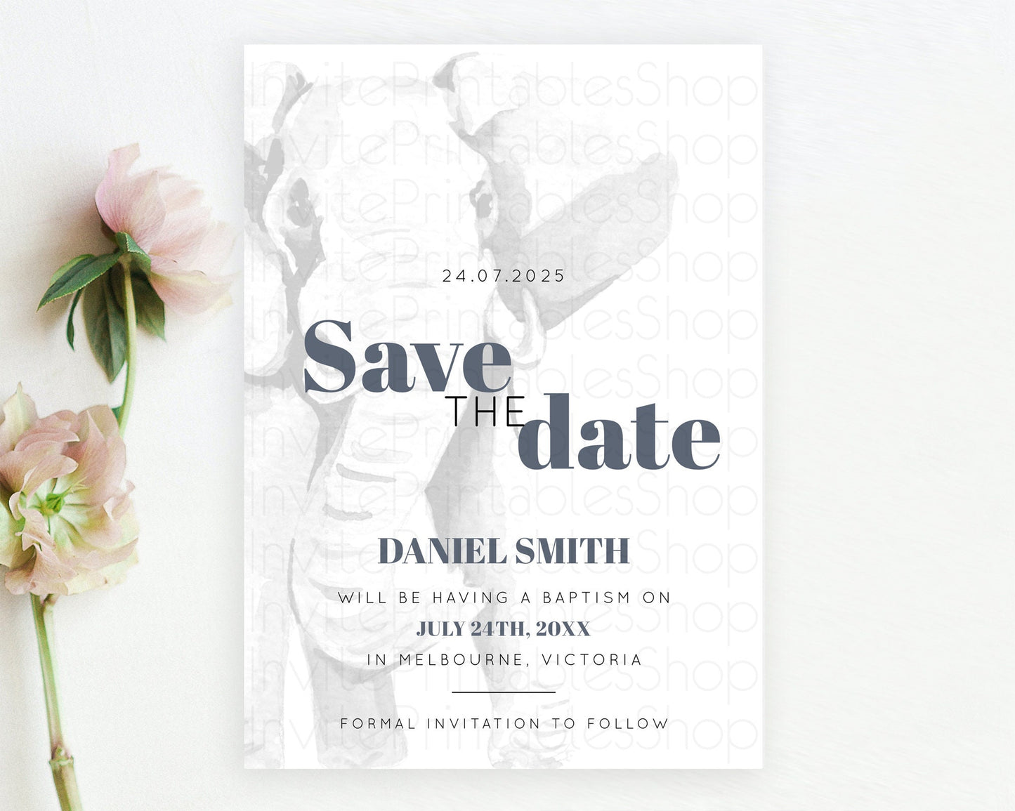 Elephant Save The Date Template Elephant Safari Adventure Party Dried Palm Fern Zoo 1st Birthday Baptism Baby Shower Bridal Shower D10292