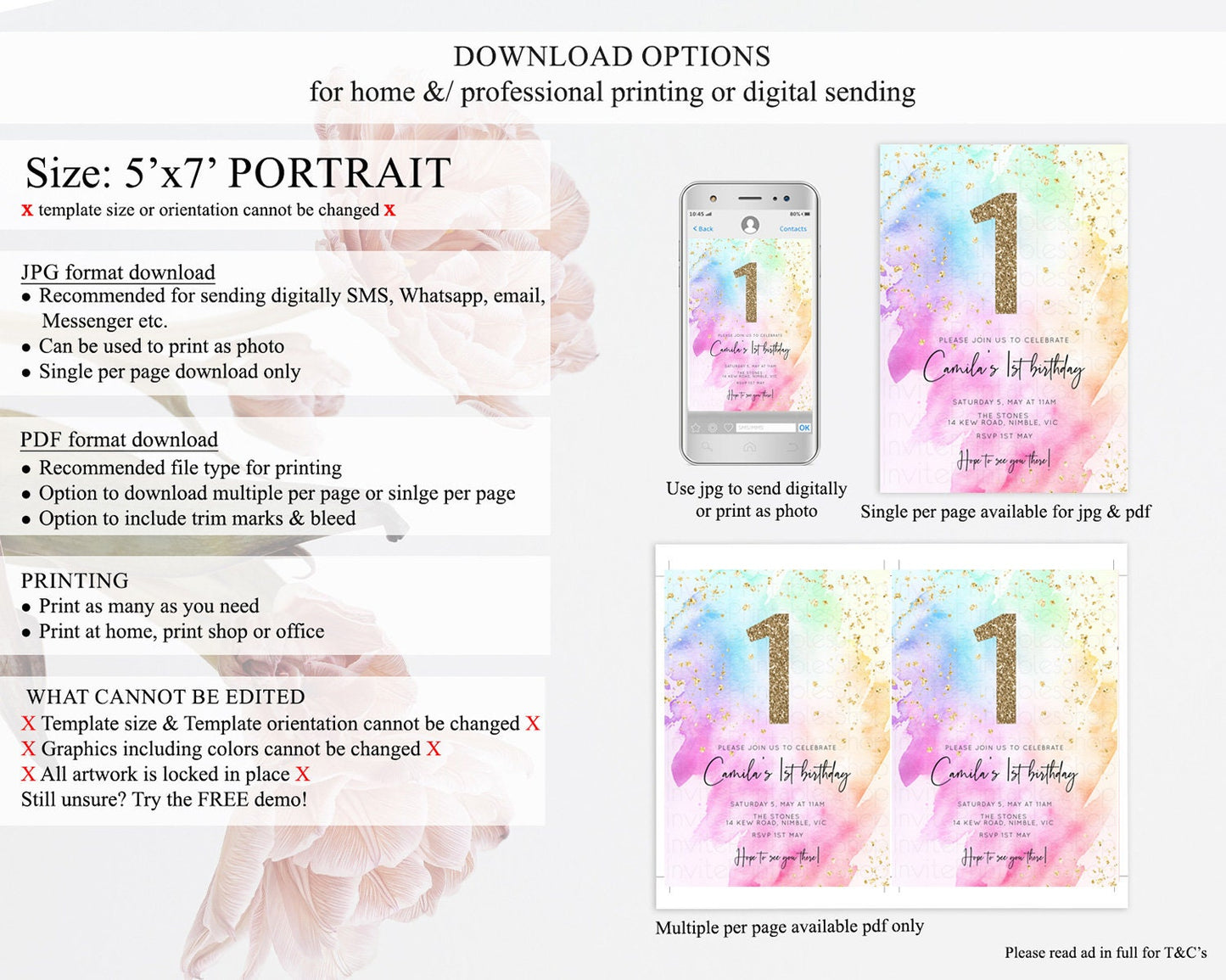 Rainbow Birthday Invitation Colorful Pastel Watercolor Invitation Gold Glitter Sprinkles Ombre Pastel 1st 2nd 3rd Birthday D10449