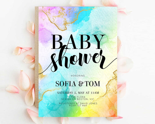 Pastel Baby Shower Invitation Rainbow Baby Shower Invitation Colorful Pastel Watercolor Invitation Gold Glitter Sprinkles Ombre D10392