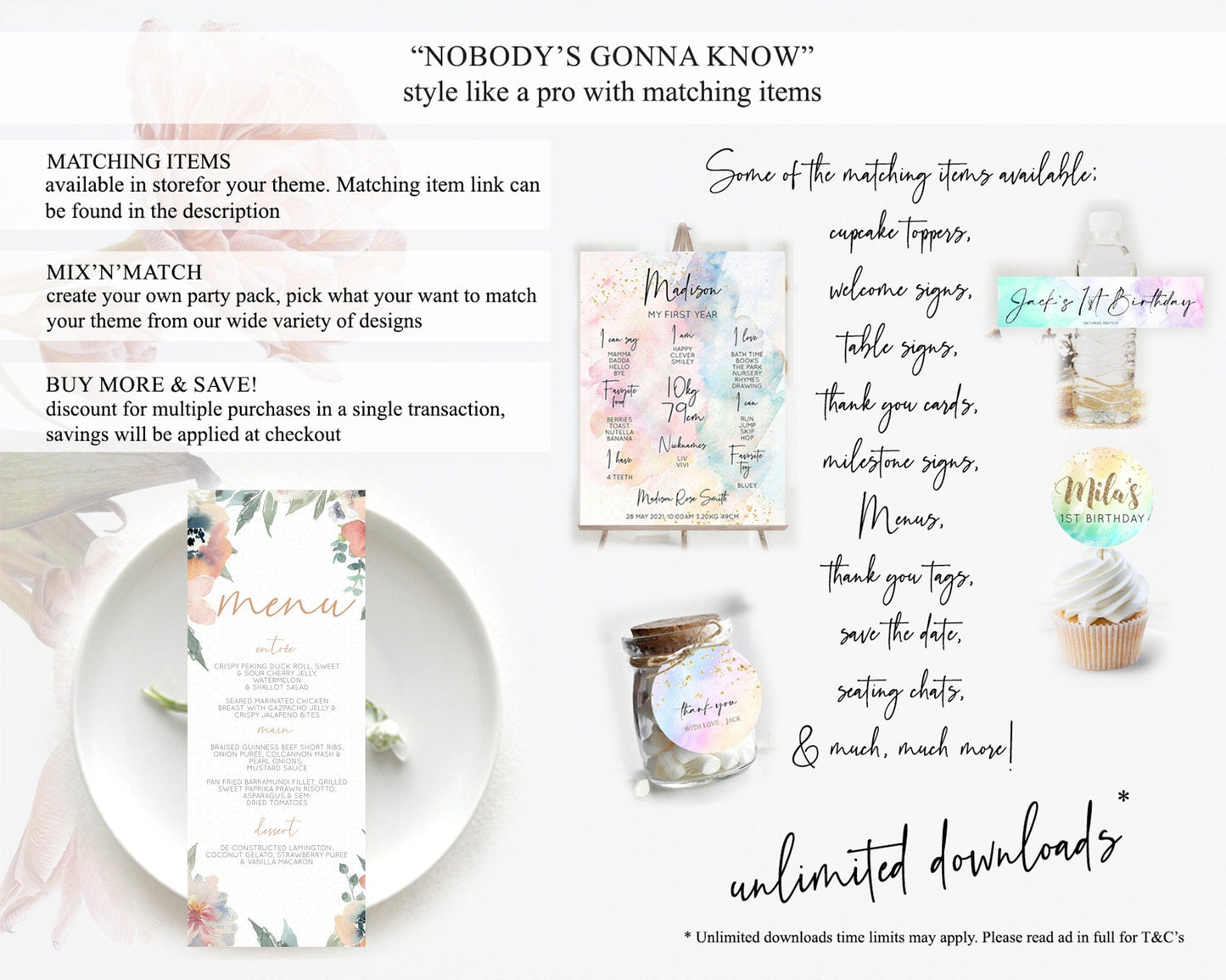 Secret Garden Menu Wildflower Menu Template Pastel Flower Garden Table Decor Boho Floral Dinner Dessert Floral Party Food Menu D10787