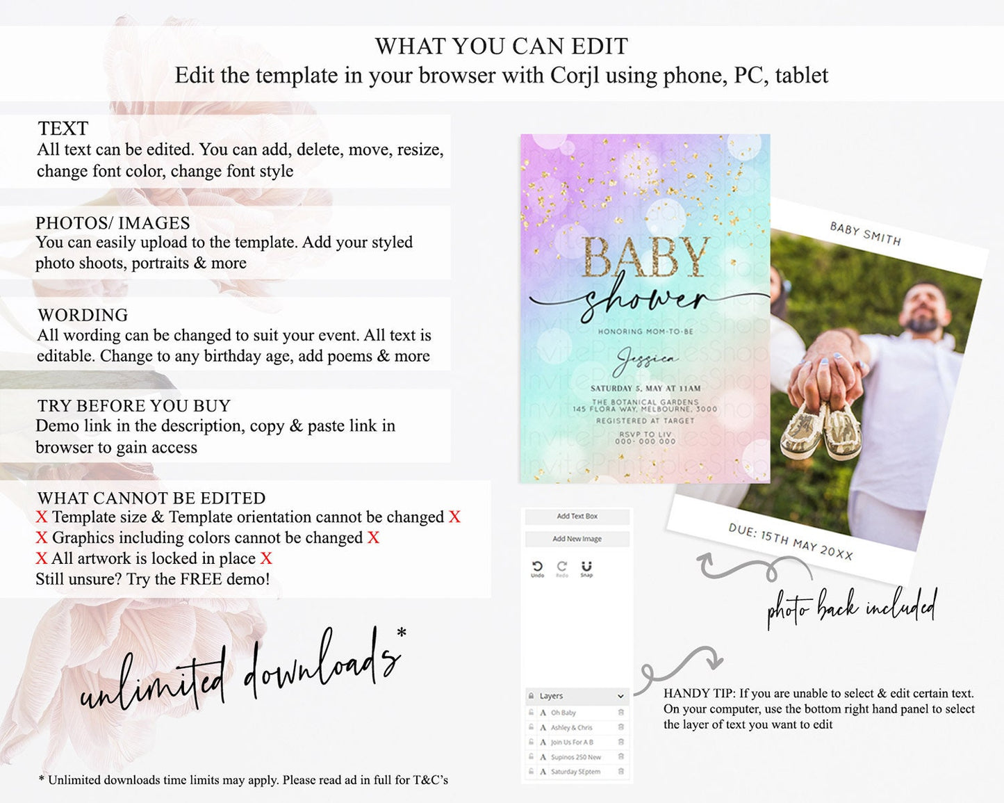 Pastel Baby Shower Invitation Rainbow Baby Shower Invitation Colorful Pastel Watercolor Invitation Gold Glitter Sprinkles Ombre D10618