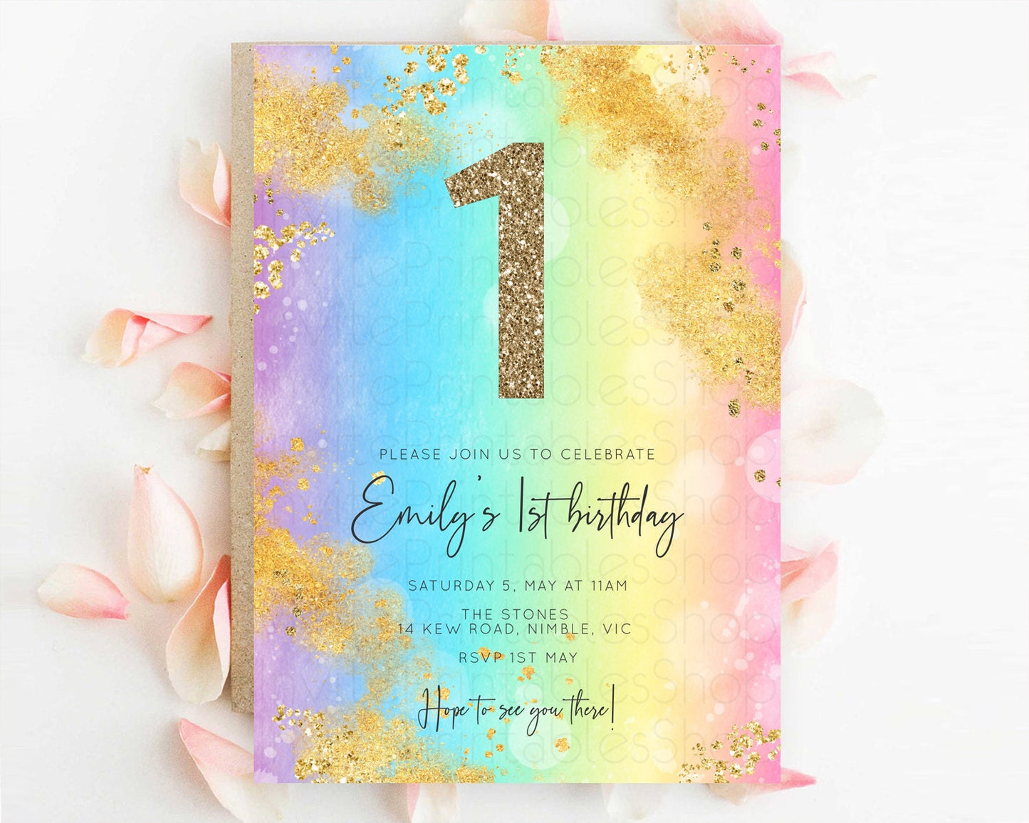 Rainbow Birthday Invitation Colorful Pastel Watercolor Invitation Gold Glitter Sprinkles Ombre Pastel 1st 2nd 3rd Birthday D10559