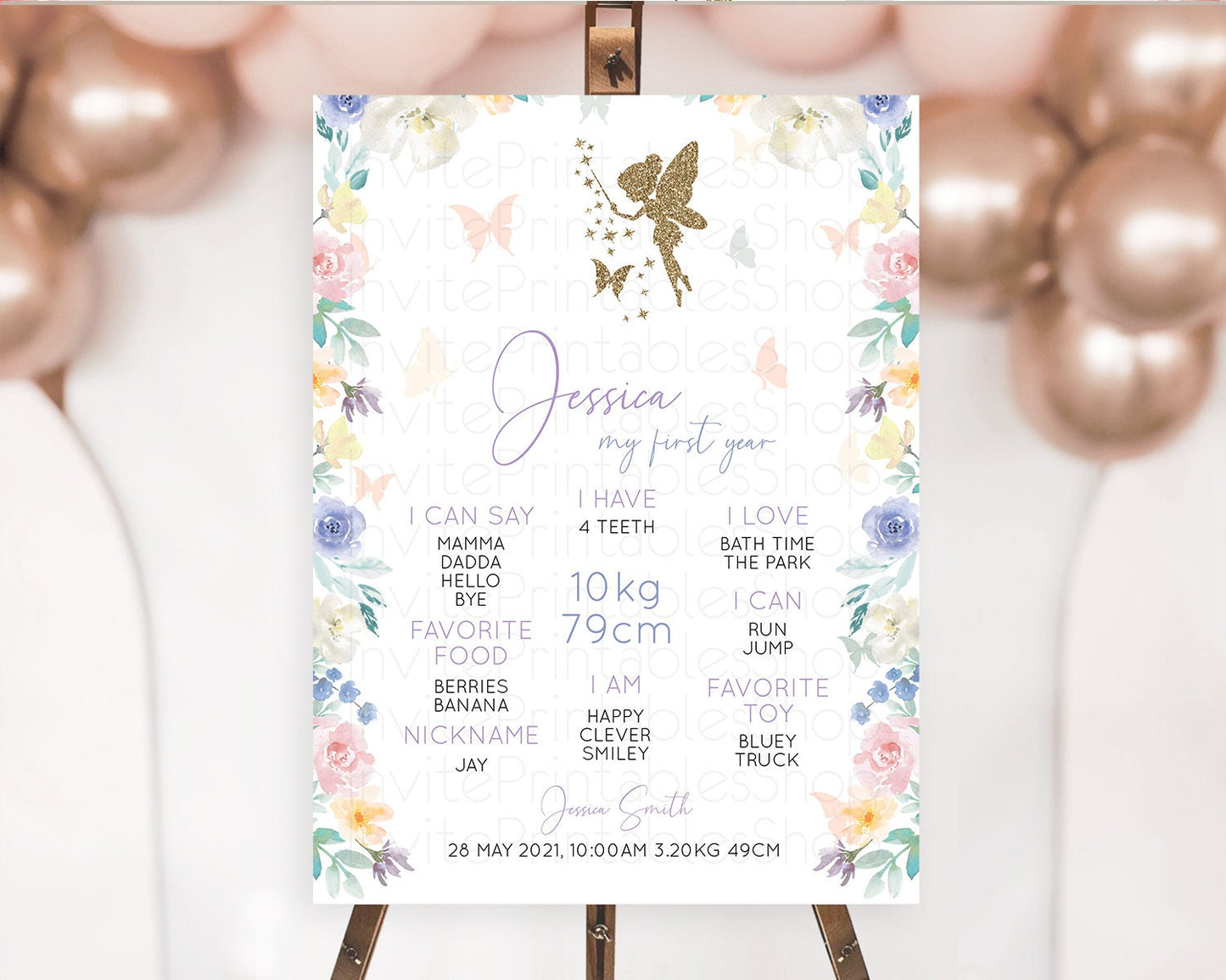 Fairy First Birthday Milestone Poster Fairy Secret Garden Milestone Board Enchanted Garden Pastel Floral Butterfly 1st Birthday Sign D10761