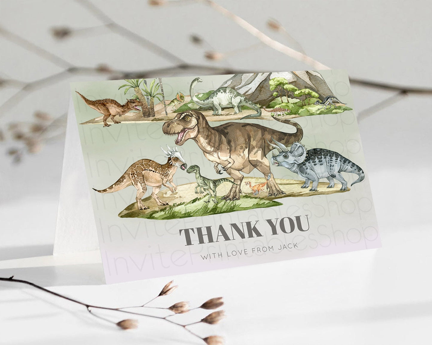 Dinosaur Thank You Dinosaur Volcano Thank You Card Dinosaur Birthday Card Watercolor Volcano T-Rex Raptor Jurassic Teacher Thank You D10671