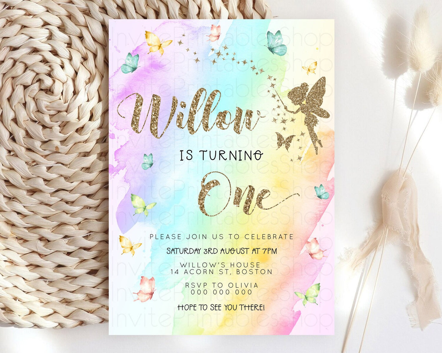 Pastel Fairy Birthday Invitation Pastel Butterflies Fairy Birthday Invitation Rainbow Ombre Watercolor 1st 2nd Birthday Invitation D23333