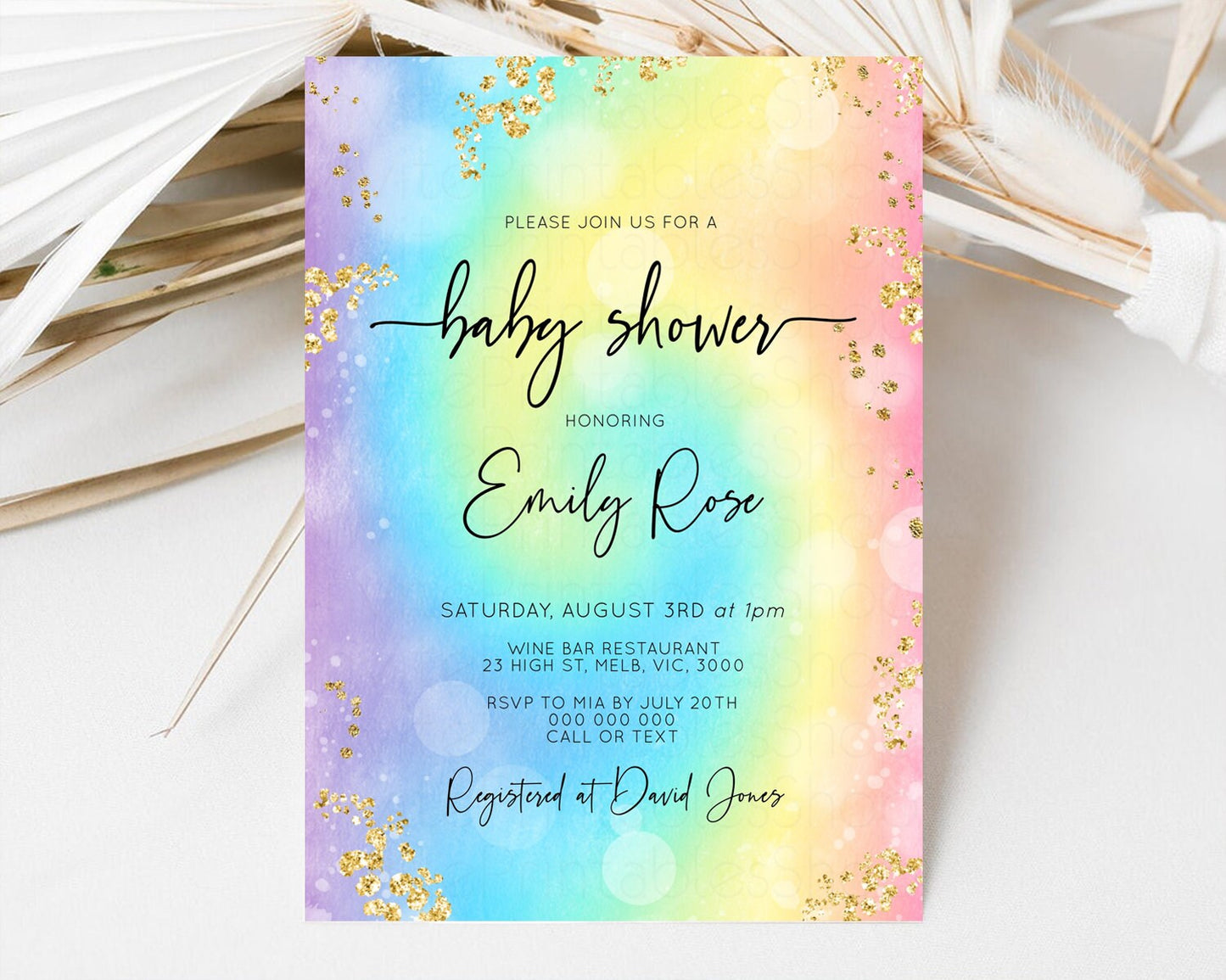 Rainbow Baby Shower Invitation Watercolor Pastel Invitation Colorful Splash Baby Invite Gold Glitter Sprinkles Ombre Gender Reveal t571