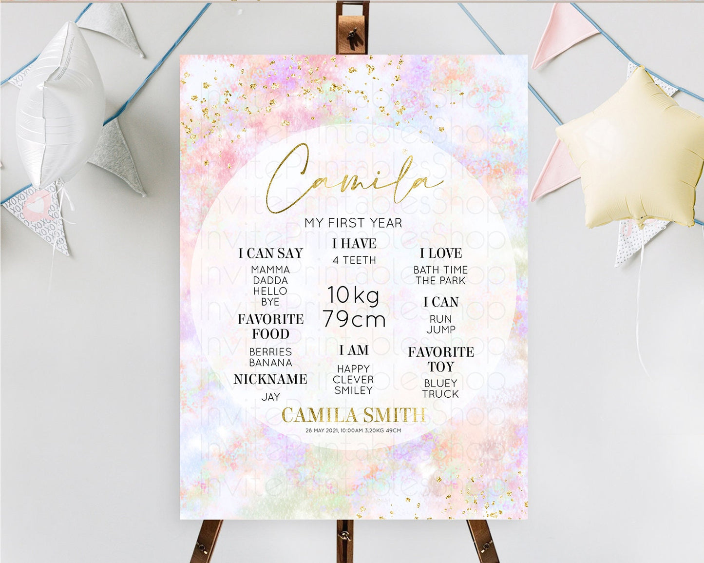 Pastel First Birthday Milestone Board Pastel Rainbow Milestone Poster Colorful Confetti Watercolor Glitter 1st Birthday Welcome Sign D10649