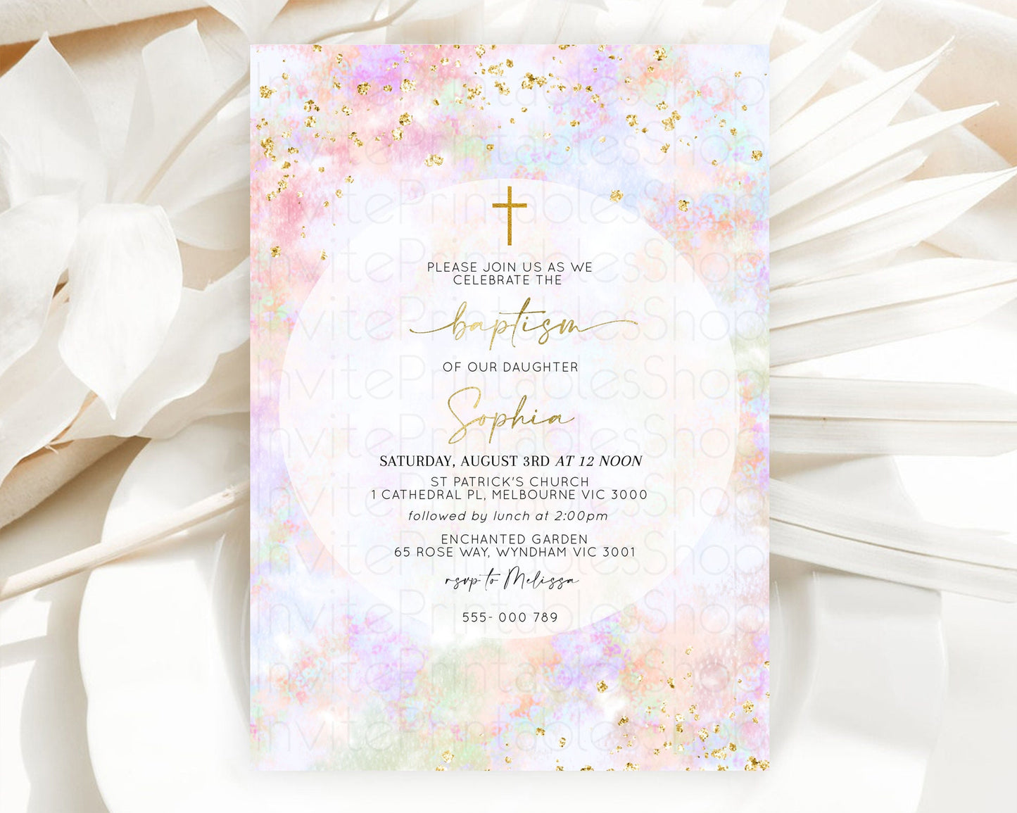 Pastel Baptism Invitation Pastel Colors Watercolor Baptism 1st Birthday Party Gold Ombre Pastel Rainbow Christening Holy Communion D10649