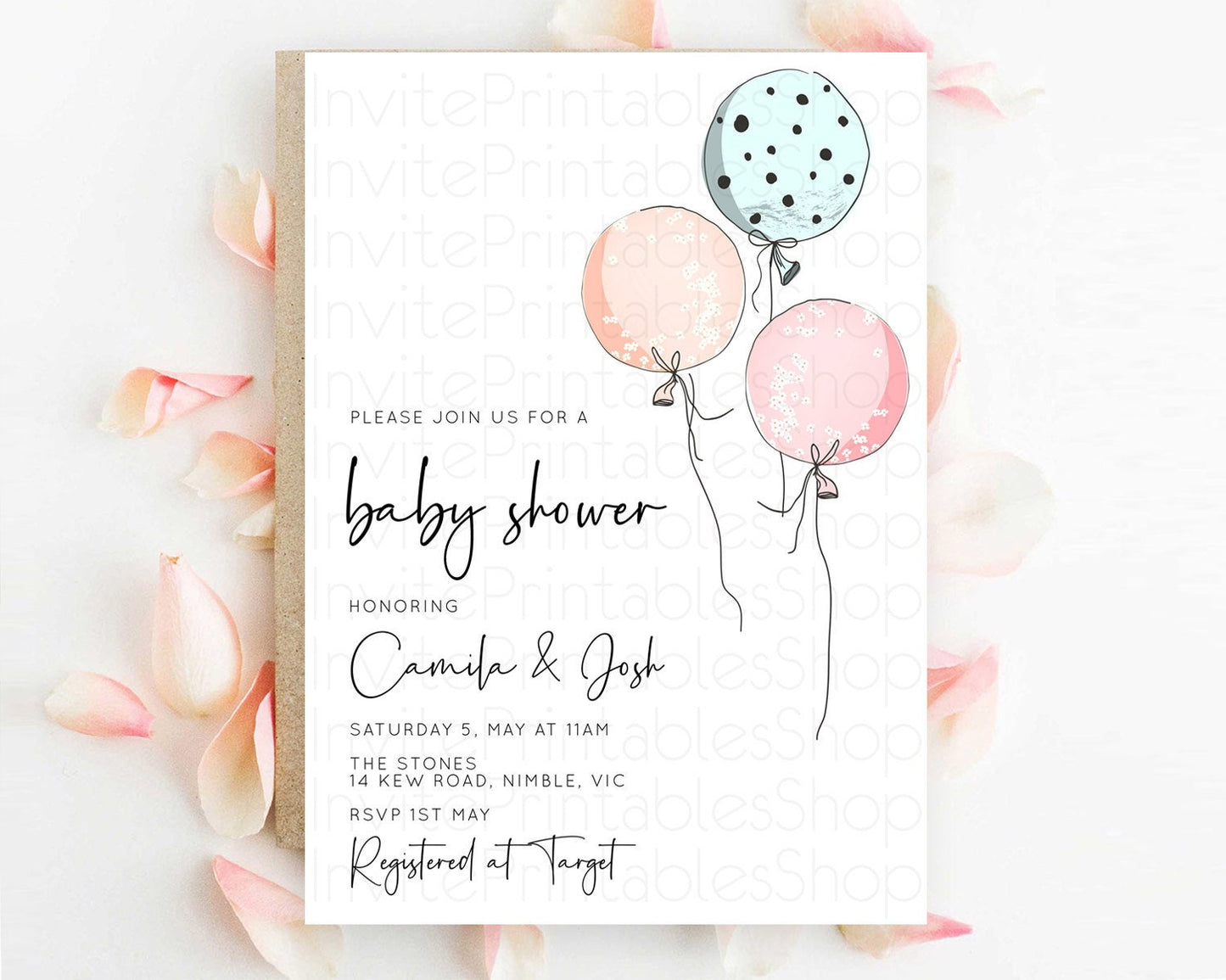 Modern Pastel Balloon Baby Shower Invitation Soft Pastels with Colorful Pink, Blue Rainbow Theme for a Cute Gender Reveal Celebration D10868